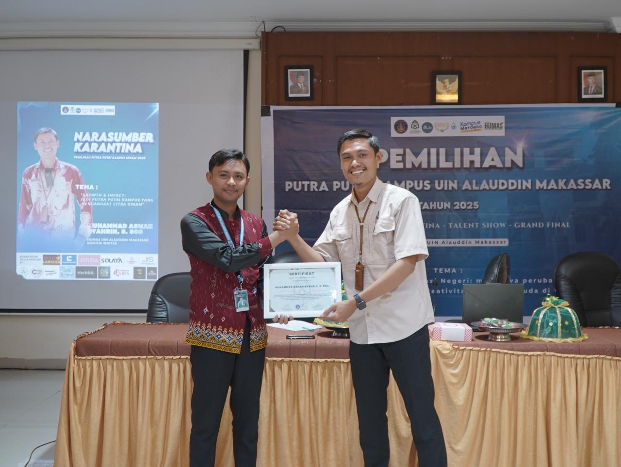 Gambar Muhammad Aswan Syahrin Paparkan Materi Growth & Impact untuk Finalis Putra–Putri Kampus UIN Alauddin