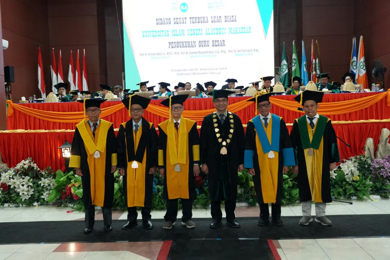 Gambar Erwin Hafid, Musyahid Idrus dan Abd Rahman R Resmi Dikukuhkan Sebagai Professor UIN Alauddin Makassa