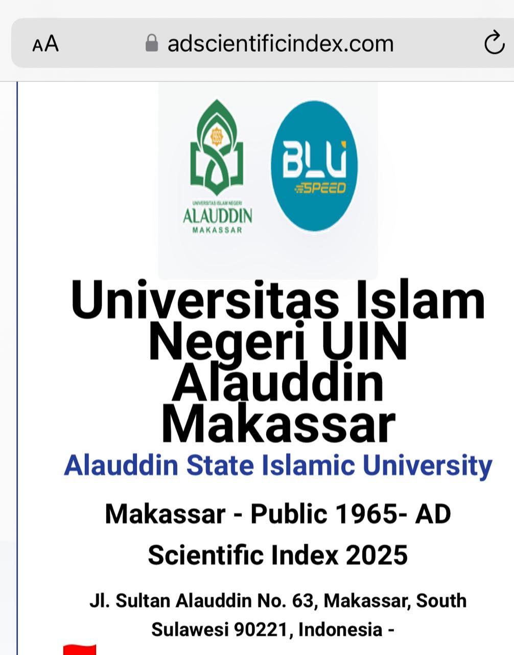 UIN Alauddin Makassar Masuk 5 Besar PTKN Terbaik se-Indonesia Versi AD Scientific Index 2025